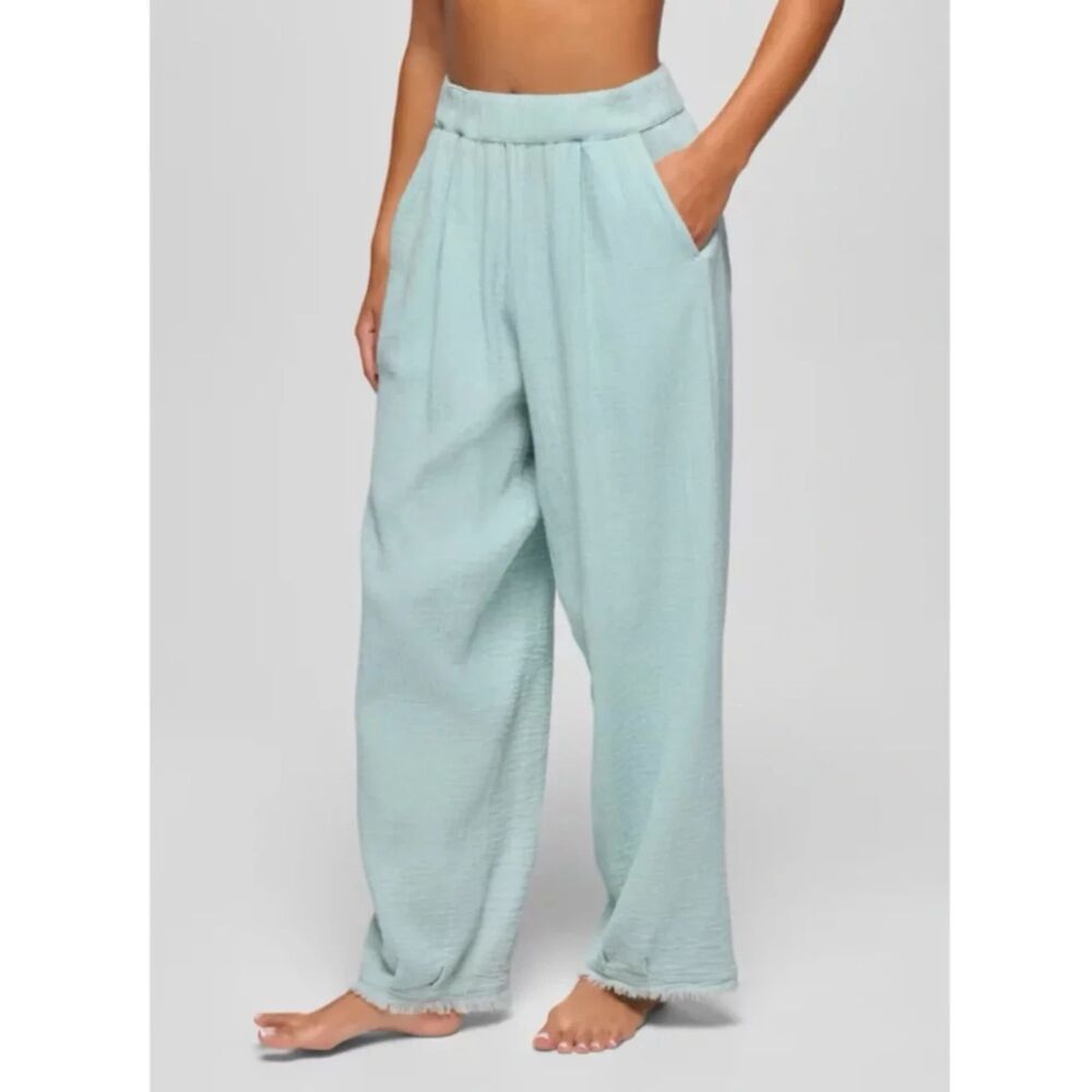 PrAna Hideaway Pants Womens M Aqua Blue Organic Cotton Gauze Barrel Leg Pants